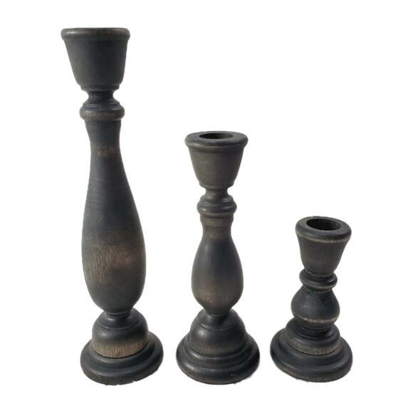 Unbranded Wooden Rustic Candlestick Holder Set of 3 Adult's Black Farm Decor - Picture 1 of 7